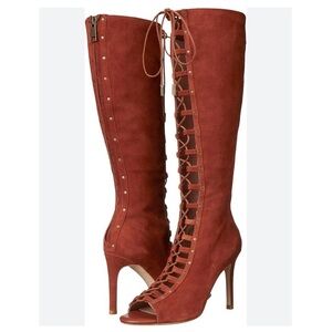 Joie Aubrey Boots Rust Colored Suede Knee-High Boots Open Toe Corset Lace Up 9.5